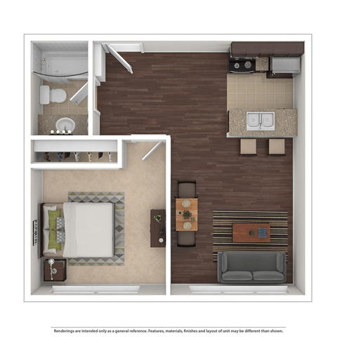 Floor plan for 1 bed, 1 bath, 600 sqft